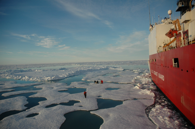 Scientist conducting operations on the ice next to the Coast Guard icebreaker HEALY