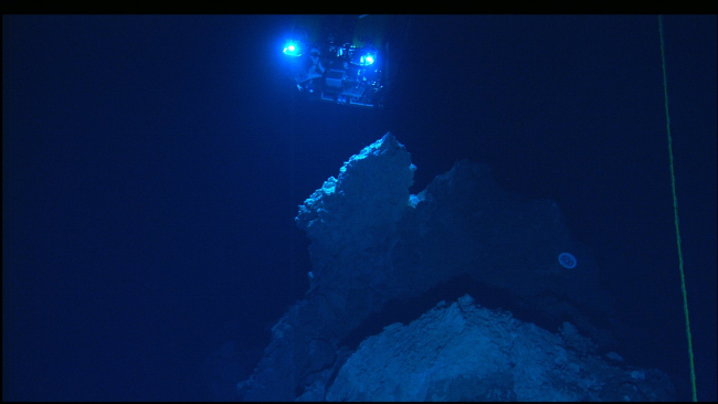 The Hercules ROV is being maneuvered in the vicinity of the carbonate rockspires of the Lost City vent field
