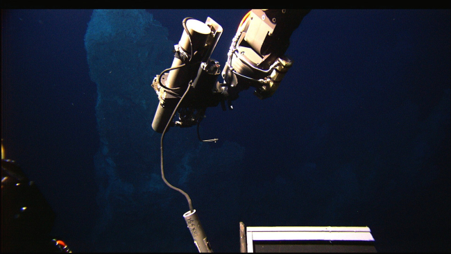 Gas-tight water sampling bottle attached to manipulator arm of Hercules ROV