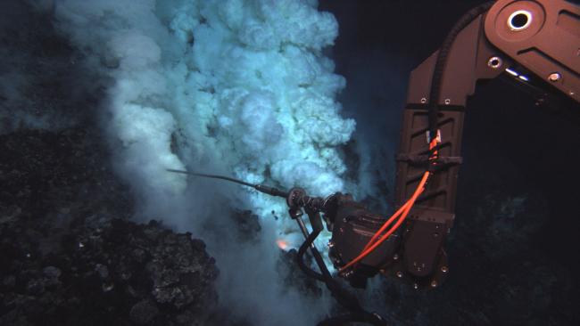 The Jason remotely-operated vehicle (ROV) samples fluid at an eruptive areanear the summit of the West Mata Volcano