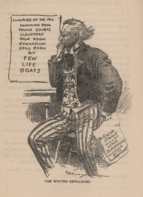 Cartoon of Uncle Sam contemplating the amenities of the TITANICIn: Marshall, Logan 1912