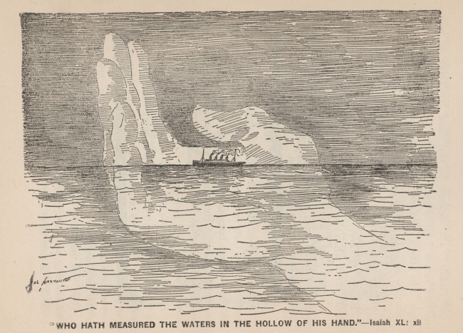 A religiously themed news cartoon: Who hath measured the waters in the hollowof his hand