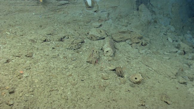 Broken fossil burrow material on the seafloor at the base of an escarpment