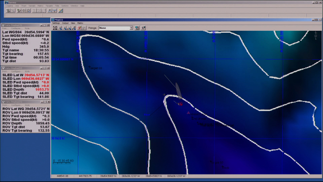 Computer display showing surface vessel location, ROV location, and depthcontours
