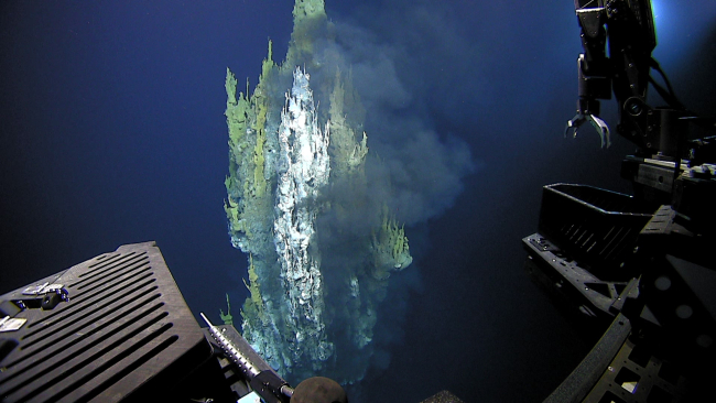An array of hydrothermal chimneys and spires with a black