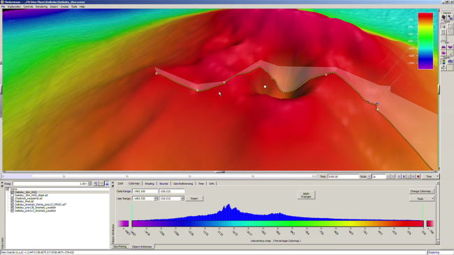 Multibeam view of top of volcanic cone and what might be a caldera with track ofDeep Discoverer draped over bathymetry