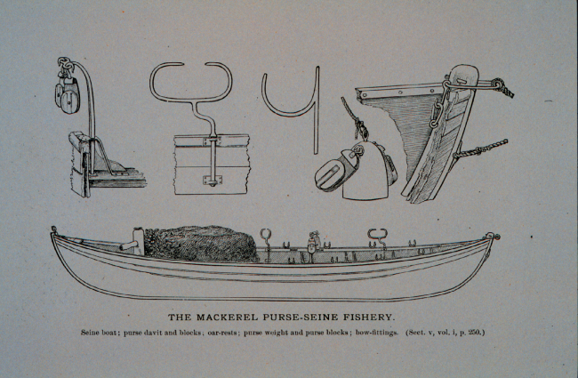 Seine boat; purse davit with blocks; oar-restsPurse weight and purse blocks; bow fittings