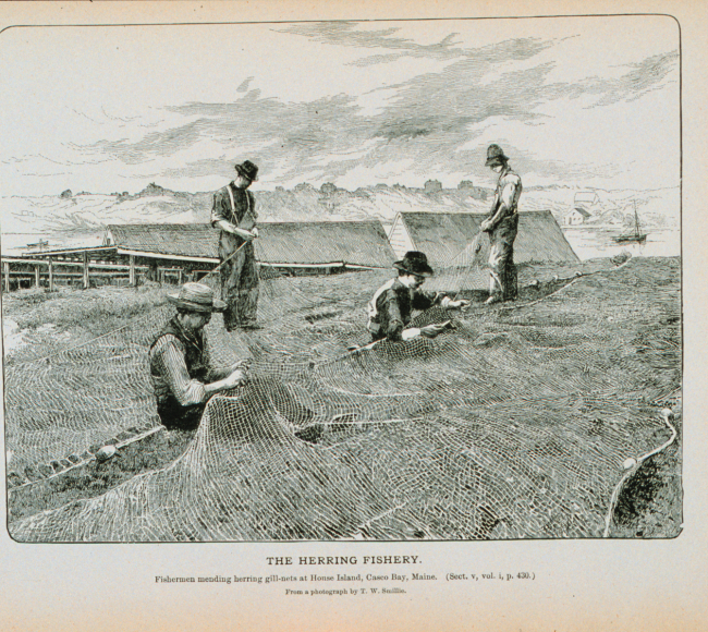 Fishermen mending herring gill-nets at House Island, Casco Bay, MaineFrom a photograph by T