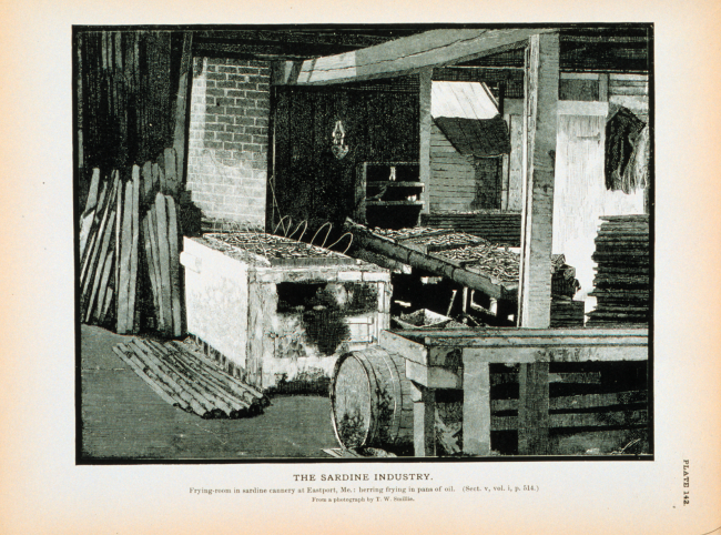Frying room in sardine cannery, Eastport, MaineHerring frying in pans of oilFrom a photograph by T