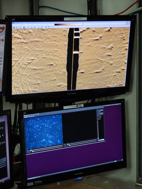Sonar monitored on higher displays while habcam imagery is seen on lower left