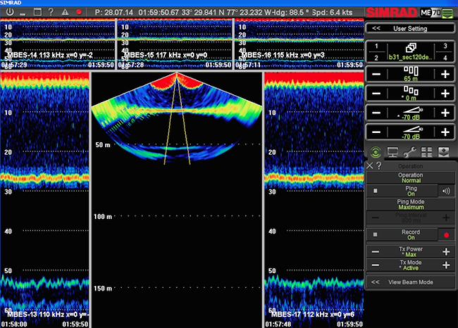 SIMRAD ME 70 multi-beam sonar display