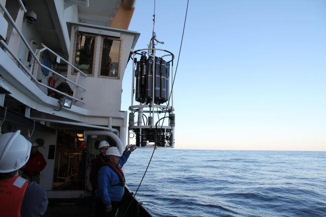 The Niskin bottle rosette sampler being deployed from the NOAA Ship PISCESin the New York Bight area