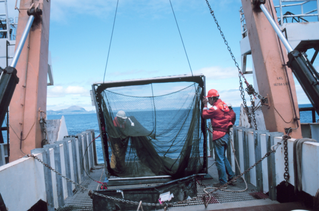 Preparing to deploy a multiple opening and closing net (MOCNESS) for studyingplankton and small pelagic animals