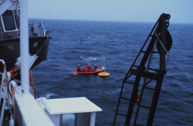 Servicing PEGGY, a meteorological and oceanographic buoy in the Aleutian Islands area