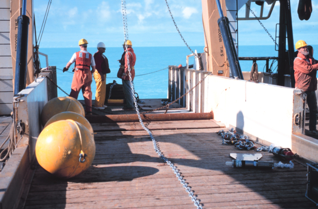 Deploying an oceanographic buoy from the NOAA Ship MILLERFREEMAN