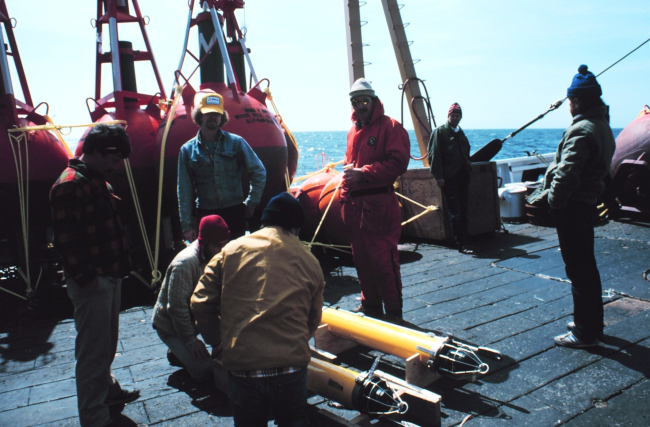 Preparing current meters to secure to tethered mooring during Gulf Stream eddystudies from the NOAA Ship ALBATROSS IV