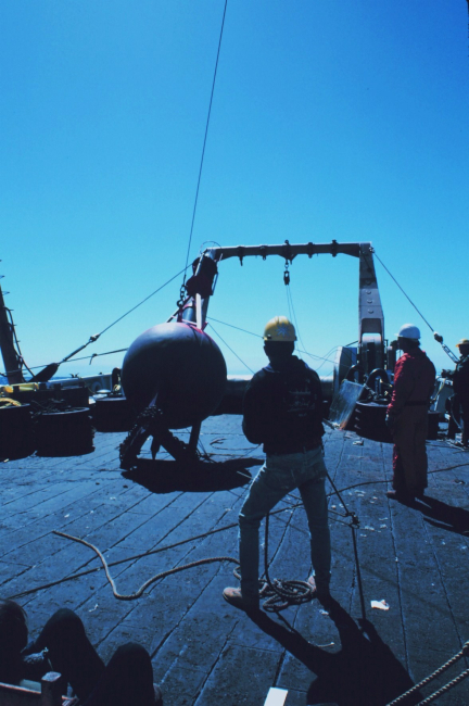 Preparing to launch a buoy during Gulf Stream eddy studies from the stern of theNOAA Ship ALBATROSS IV