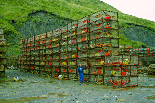 A large stack of commercial king crab pots observed at Kodiak