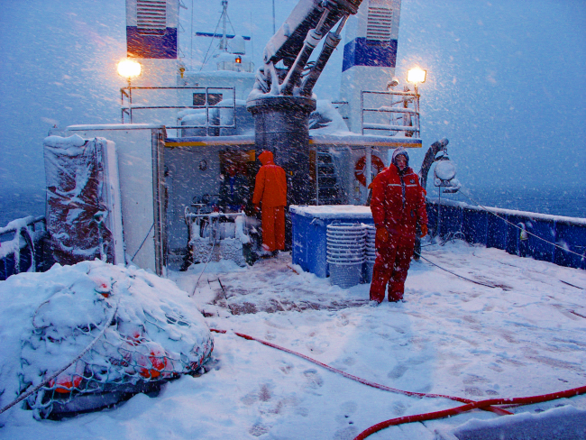 Trawl deck during a snow storm during winter operations