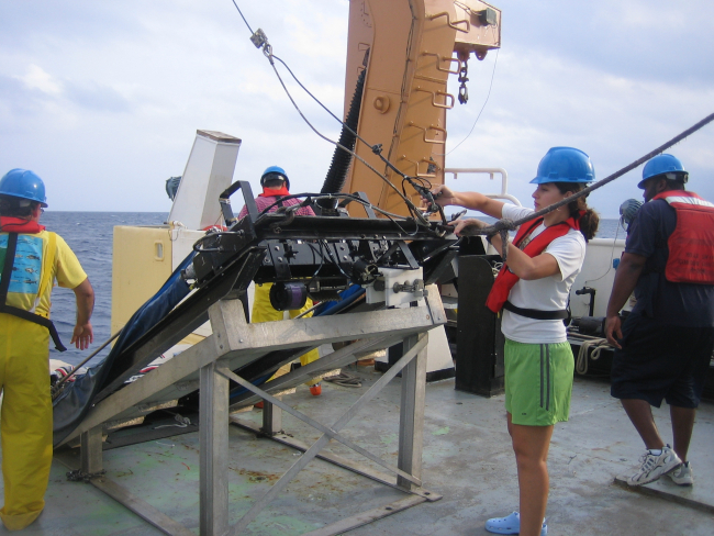 Estrella Malca gets tready to deploy theMOCNESS aboard the NOAA ship GORDON GUNTER