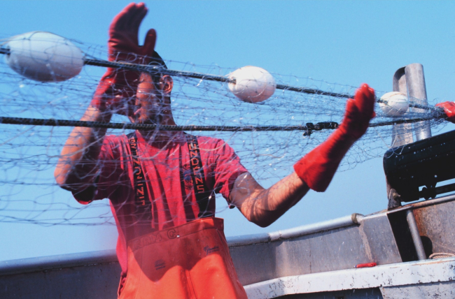 Rama Geroux, a crew member of a salmon fishing vessel, monitoring gillnet as itis reeled in