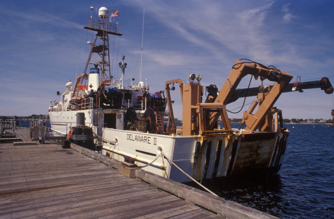 The NOAA Ship DELAWARE II tied up at Woods Hole