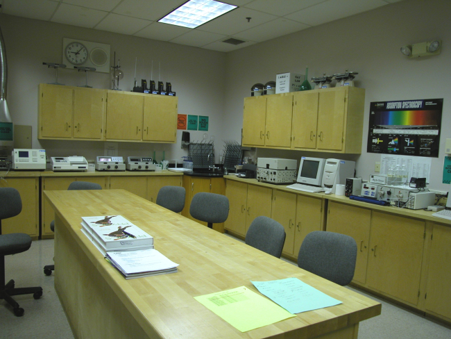 School laboratory with spectroscope and other measuring equipmentfor monitoring water chemistry and quality at Bridgeport Regional Vocational Aquaculture School in Bridgeport
