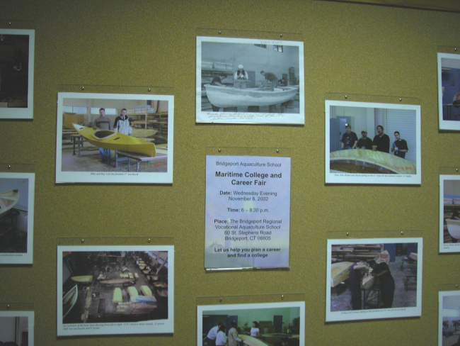 School bulletin board illustrating student activities in boatbuilding andat Bridgeport Regional Vocational Aquaculture School in Bridgeport, Connecticut