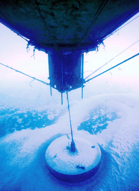 View of seacage with anchor being deployed off Hawaii as first part of setup
