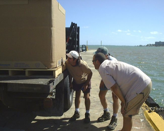 Staff checking the box prior to transport of cobia juveniles (Rachycentroncanadum) to offshore cage at Culebra Island, Puerto Rico