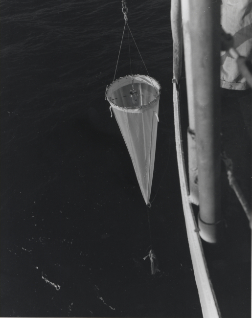 Plankton net being deployed on C&GS; Ship PIONEER - probably during 1964Indian Ocean Expedition