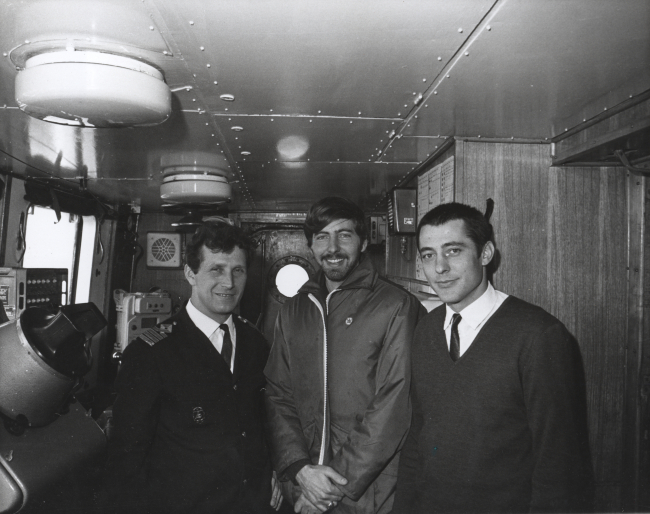 Captain Anatoly Maslenikov, NMFS biologist Perry Thompson, and Chief of SovietExpedition Yuri M