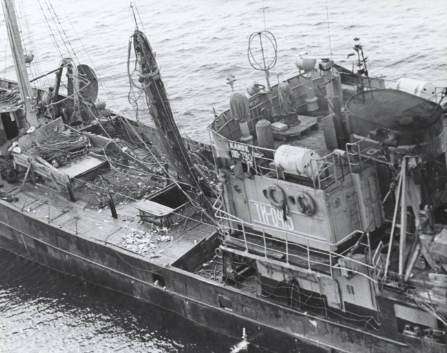 The Soviet SRT KANSK, AT1-0415, a small side trawler completing a haul