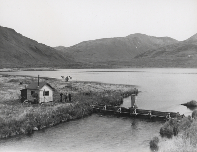 Salmon counting weir, cabin and airplane