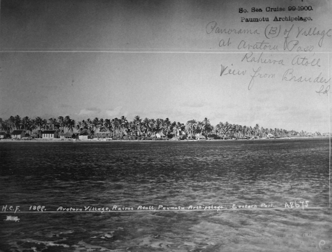 Panorama of village at Avatoru Village, Rairoa Atoll, Paumotu Archipelago,eastern part, view from Brander Island