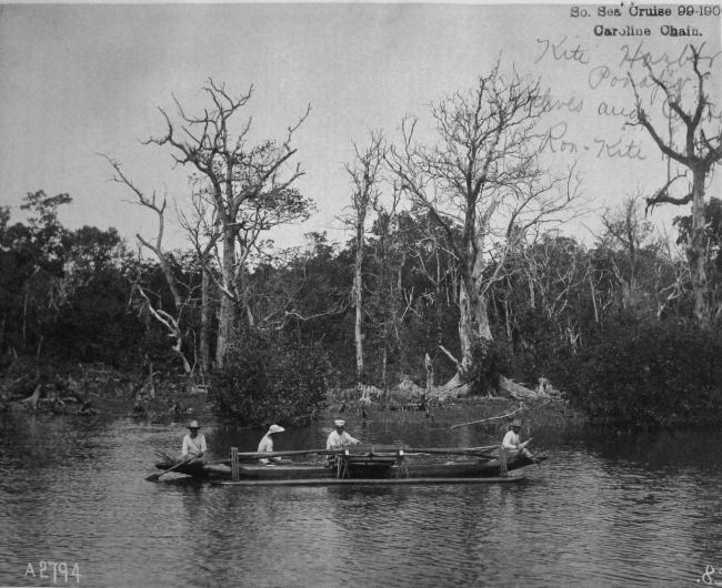 South Sea cruise 99-1900, Caroline Chain, Kite Harbor, Ponape,natives and canoe, Ron-Kite Village