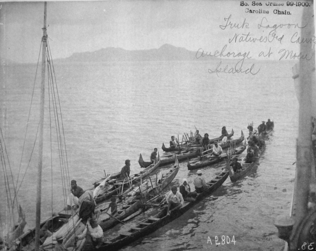 South Sea cruise 99-1900, Caroline Chain, Truk Lagoon,natives and canoe anchorage at Moen Id