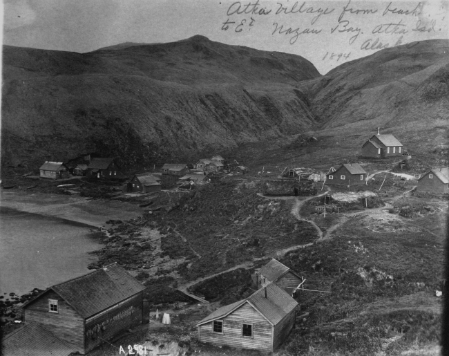 Atka village from beach to east, Nazan Bay, Atka Id, AK, 1894