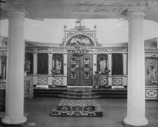 Interior decorations in Greek (Russian Orthodox) church, Sitka, AK, 1894