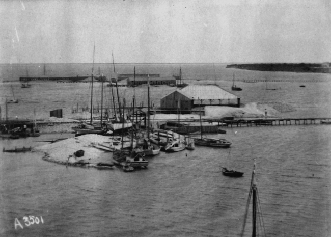 Matagorda Bay, TX, oyster shucking houses, panoramic view looking south