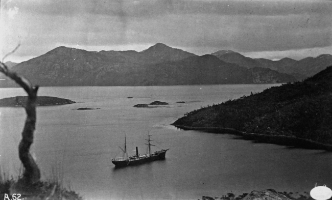 The Albatross at anchor in Borja Bay, as seen from the top of the hill, 1888