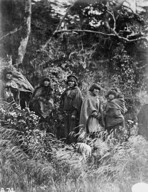 Group of natives in shore, ethnology, 1888, Otter Bay, Smythe Channel,Western Patagonia