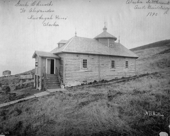Greek (Russian Orthodox) church, Fort Alexander, Nushigah River, AK,settlements and buildings, 1890