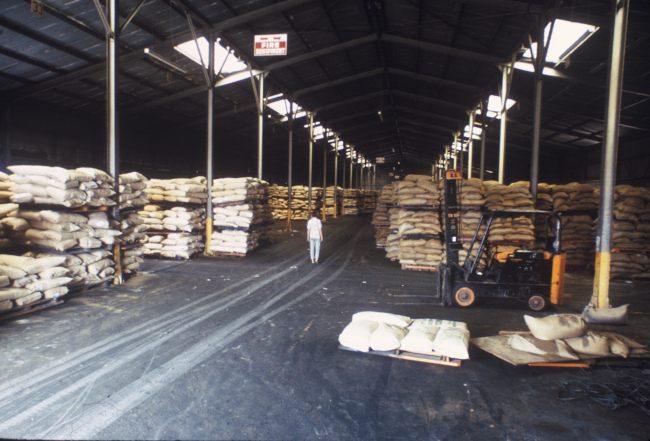 Peruvian fishmeal in a warehouse in Port Hueneme, California