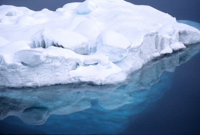 Iceberg with both beautiful blue-green submerged portion and a reflection ofthe surface ice and snow