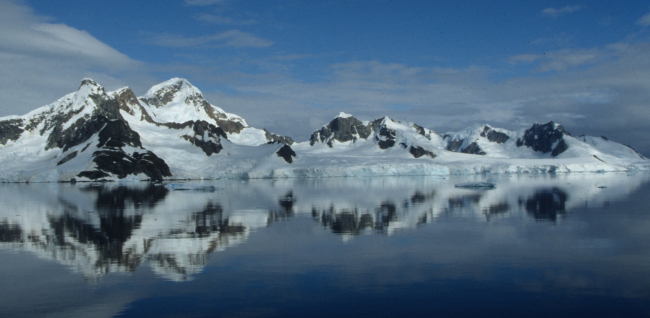 An unusually calm day in the South Shetland Islands, with mirror-like waters