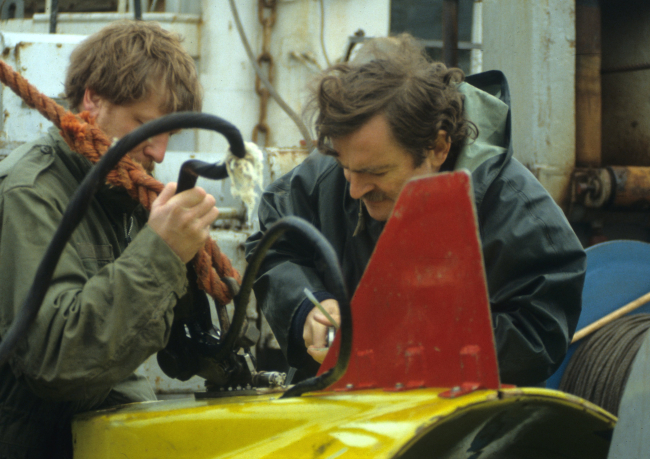 Oceanographers prepare a research ROV (Remote Operated Vehicle)for deployment