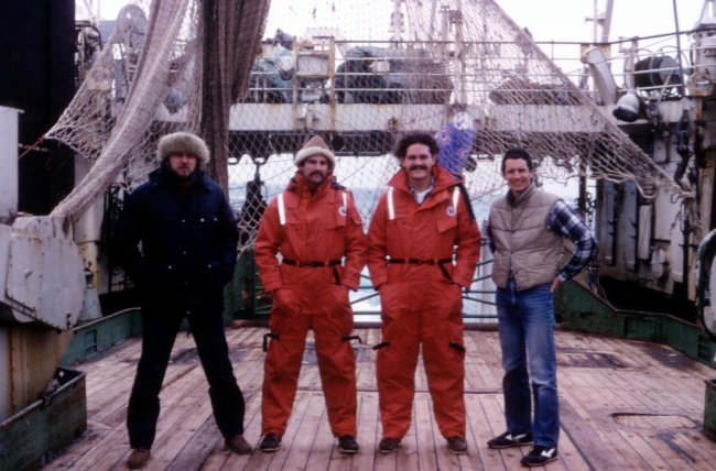 Left to Right: Kristof Skora, James Brennan, Kevin Hill, and Jerry Finanaboard the R/V Professor Siedlecki during the joint U