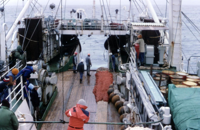 Deploying trawl off the R/V Professor Siedlecki in 1986