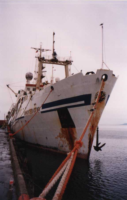 The R/V Yuzhmorgeologiya sits tied to the dock at Pratt Pier in PuntaArenas, Chile, where the AMLR Program stocks up on fuel andfood every 30 days during the foeld season